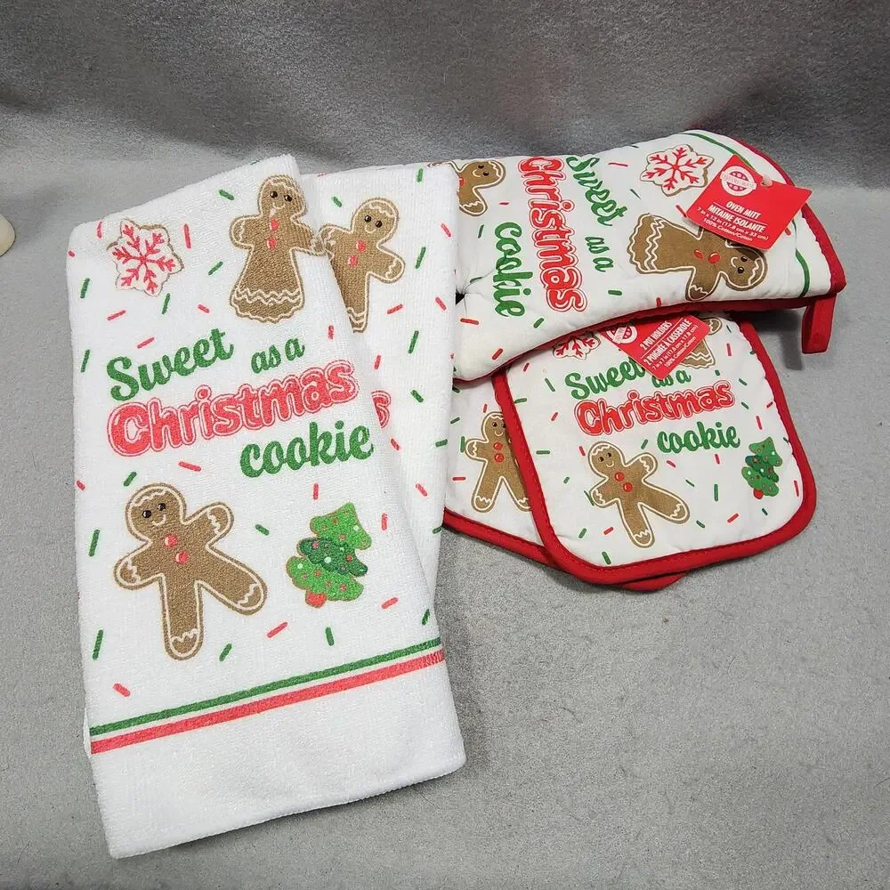 Sweet As A Christmas Cookie - Christmas Kitchen Towel, Potholders Mitten 5pc Set